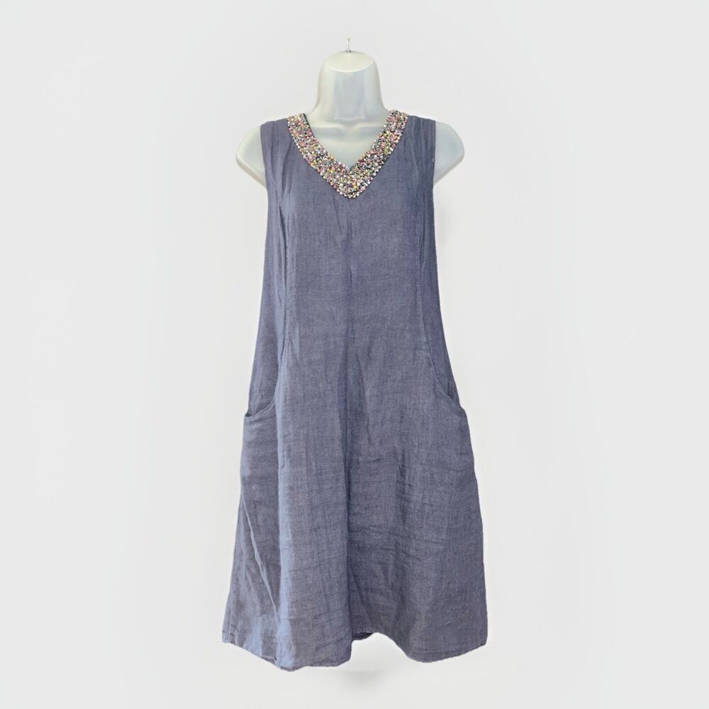 Lina Tomei Linen Shift Dress Size Large Sleeveless Italian Beaded Neckline Blue